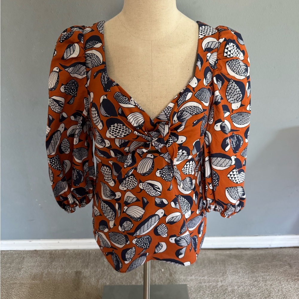 Anthropologie Eva Franco Bird Print Sweetheart Tie Front Blouse with Puff Sleeve